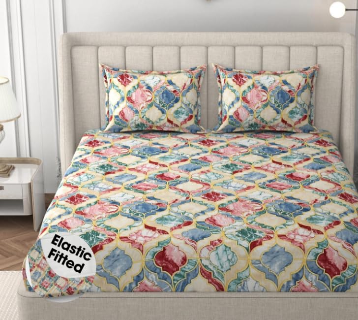 Image of Jashan 210 TC Premium Glace Cotton Elegant Shankh Design Cotton Fitted Bedsheet Set, Soft, Stylish & Skin-Friendly 72x78x10 incheSize Bed Sheet 17x27 inch Pillow Cover 3 Pc Set- Multi Shankh