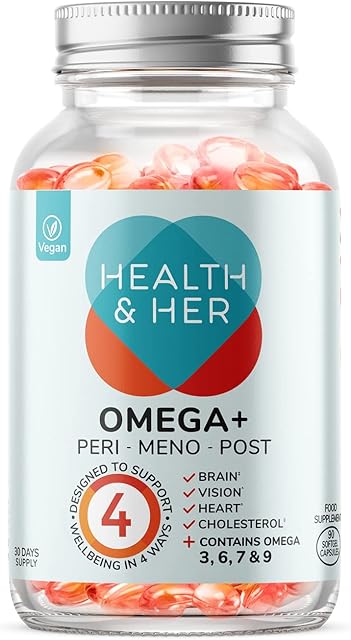 Health & Her Omega+ for Women Vegan Omega 3,6,7&9 Supplement Containing Evening Primrose, Sea Buckthorn & Algal Oil -1 Month Supply - 90 Softgel Capsules