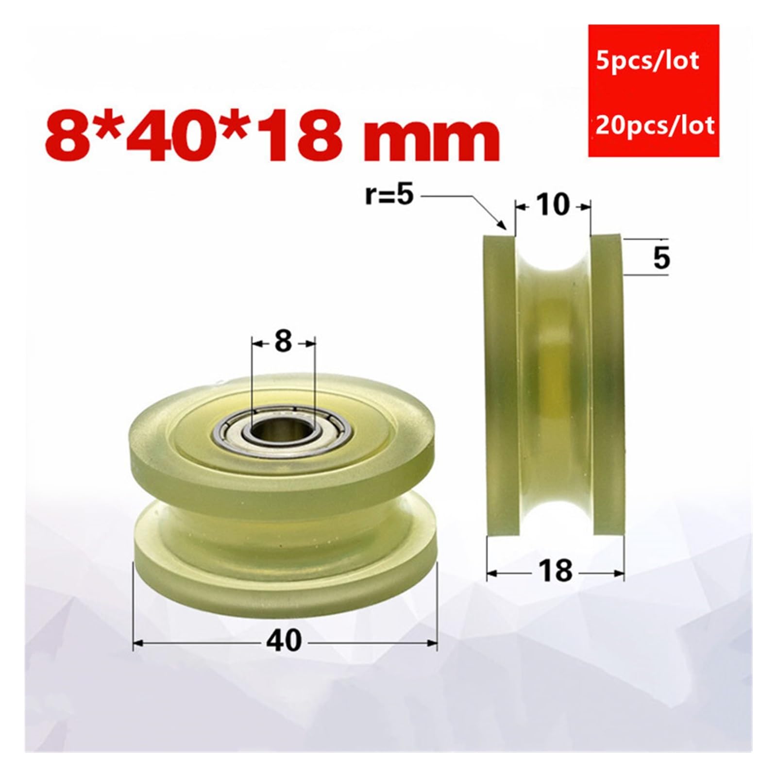 5/20 Sztuk 8 * 40 * 18mm Koło Pasowe Powlekane Typu U Podwójne Łożysko 698zz Miękka Guma R5 Prowadzące 10mm | 20pcs