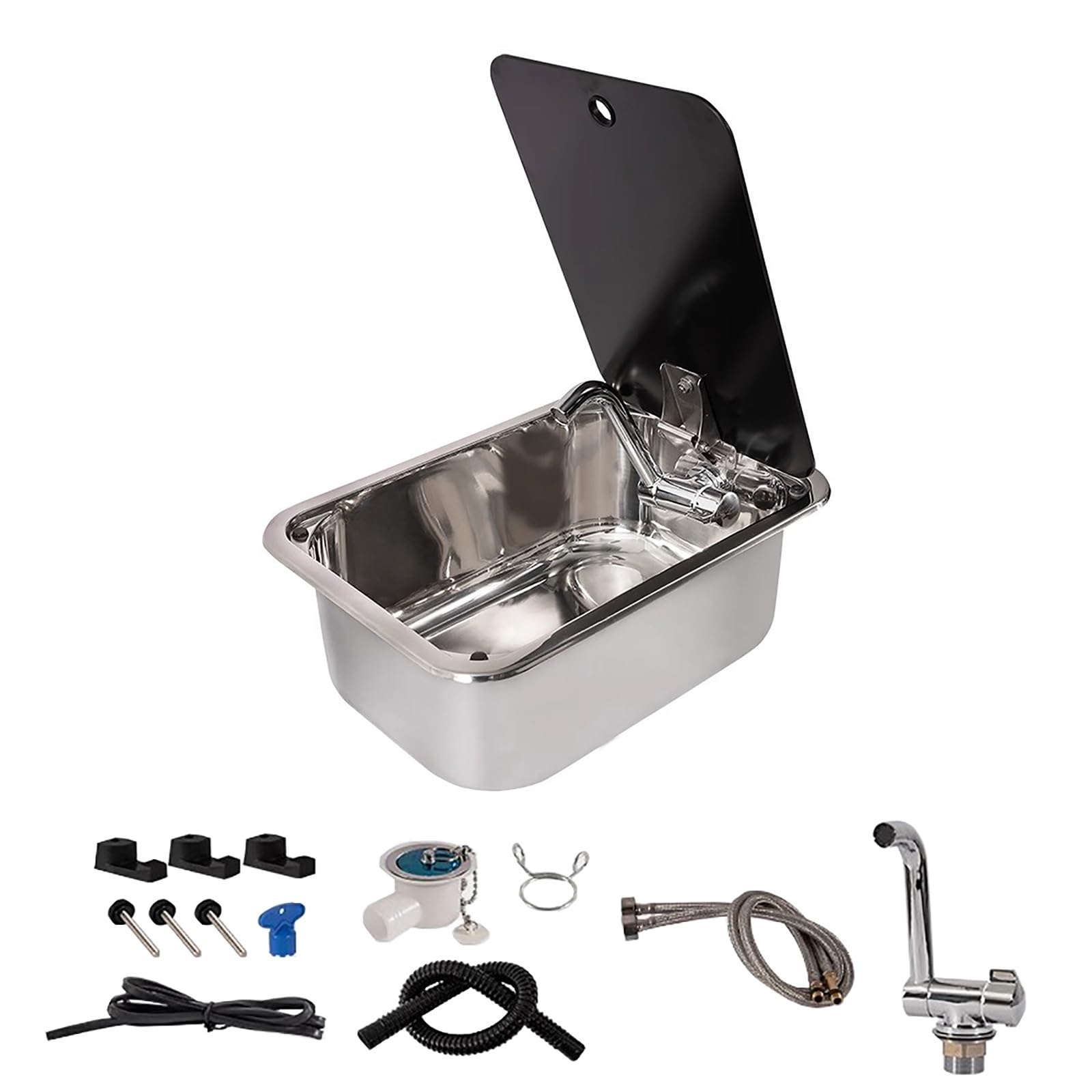 Kompaktes Spülbecken-Set, Edelstahl-Spüle für die Außenküche mit Abdeckung, Wasserhahn und Sieb, ideal für Camping, Wohnwagen und Wohnmobile (runde Farbe)
