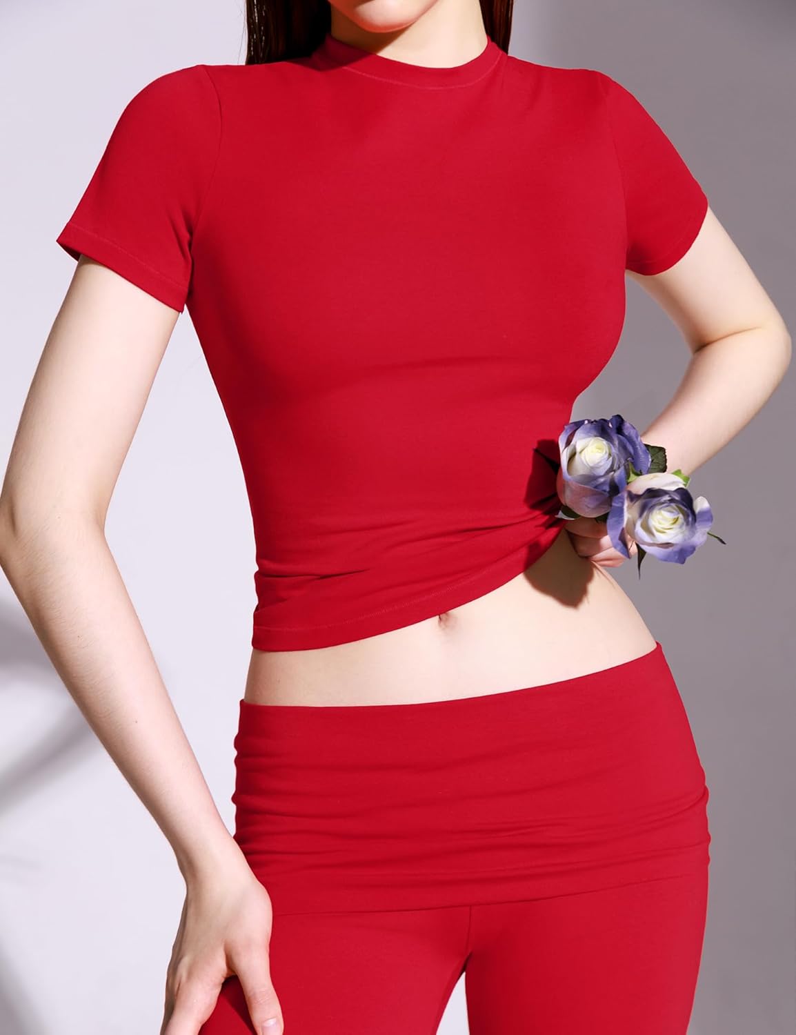 PUMIEY Women's 2 Piece Lounge Sets Short Sleeve Tops Fold-Over Flare Pants Casual Outfits Matching Set Nap Collection - Image 5