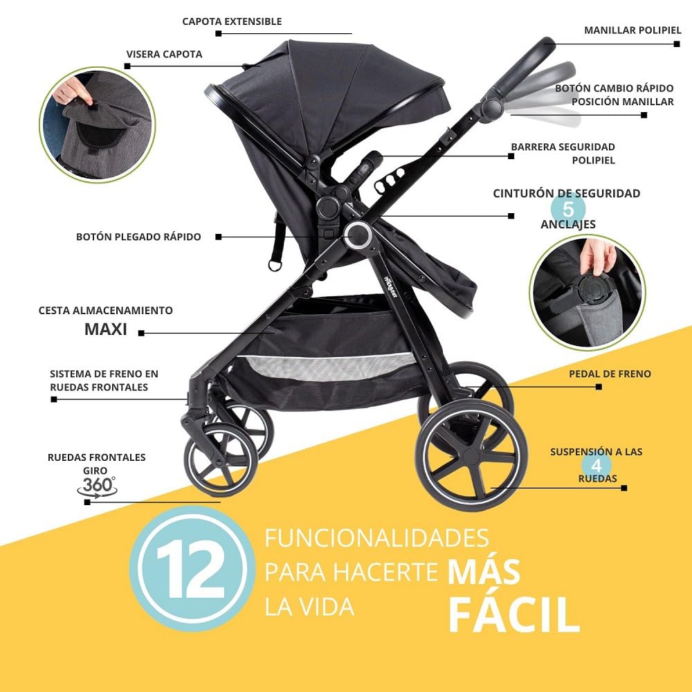 Carrito Bebe 3 en 1 Interbaby | Silla Paseo desde Nacimiento hasta 48 meses o 22 kg | Capazo Acolchado, Amortiguadores, Asiento Ajustable y Silla de Auto (Grupo 0) | Cochecito bebe Modelo Versa Negro