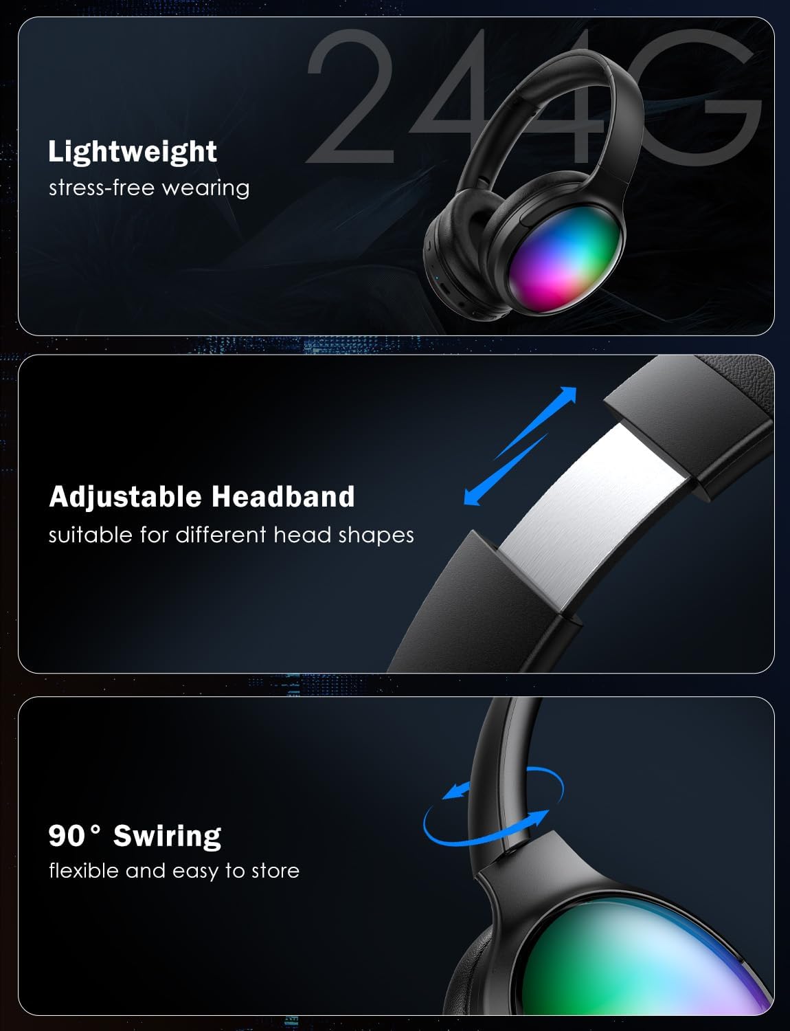 Bluetooth Headphone with Cool RGB Light, Foldable Lightweight Wireless Over Ear Headphone, 90° Rotatable Earcups, HiFi Stereo with Deep Bass Audio for Travel, iPad Cellphone Laptop PC