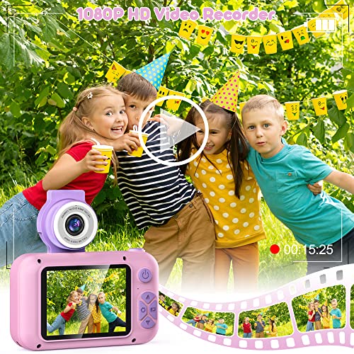PURULU Kids Camera with Flip-up Lens for Selfie & Video, HD Digital Camera with 32GB SD Card, Ideal for 3-8 Years Old Girls Boys on Birthday Christmas Party as Gift(Pink)