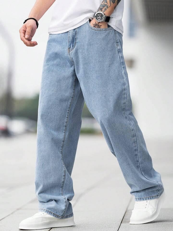 Image of Men Straight Fit Denim Jeans | Washed Blue Casual Denim Pants | Comfortable Classic Straight Leg Jeans for Men | Street Style & Office Casual Wear