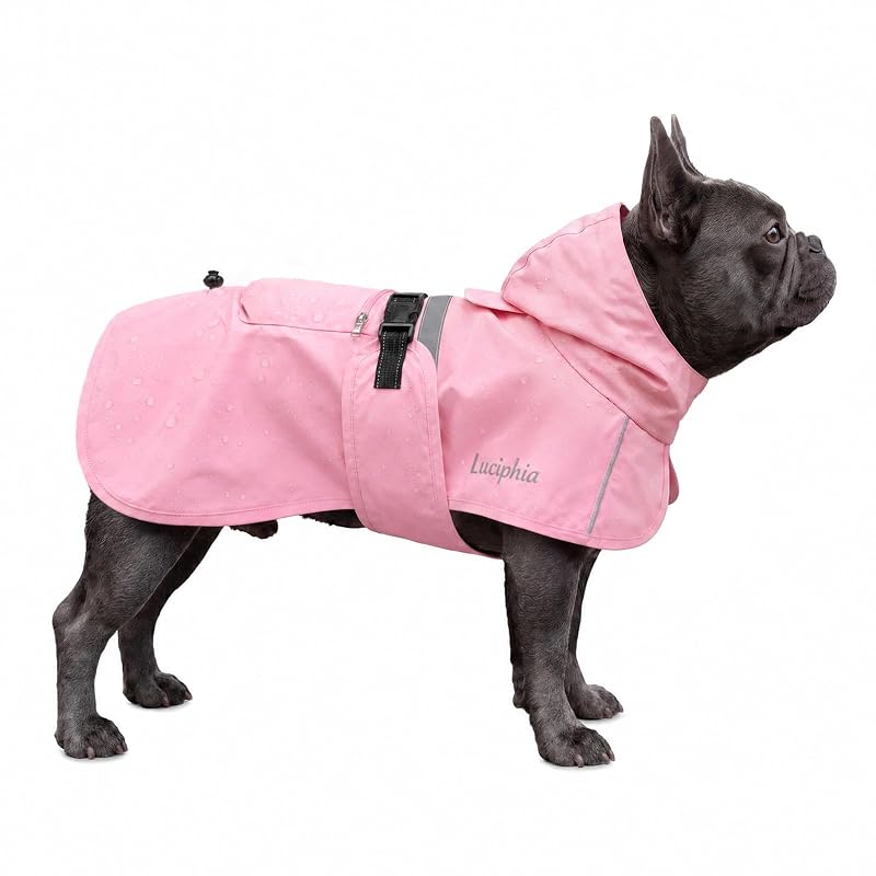 Capa de Chuva para Cães Luciphia com Capuz Ajustável, Faixas Refletivas e Bolso Rosa, Tamanho Médio
