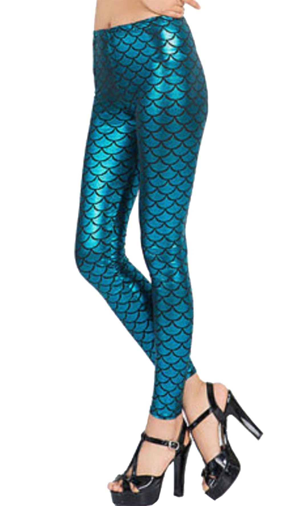 Janisramone Women's Turquoise New Holographic Mermaid Fish Scale Print Skinny Disco Metallic Leggings Pants
