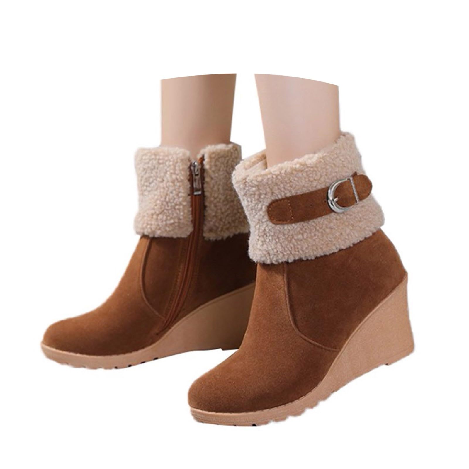 Wedge Boots for Women Fluffy Lined Warm Ankle Booties Winter Fur Suede Round Toe Chunky High Heel Snow