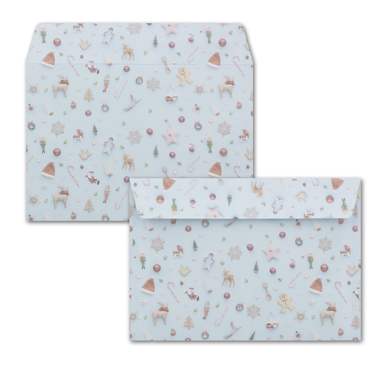 1000 x koperty DIN C6 w kolorze jasnoniebieskim z choinką i zimowymi symbolami – samoprzylepne z paskami do odrywania – 114 x 162 mm – 80 g/m² – koperty bożonarodzeniowe z motywem dla firm i