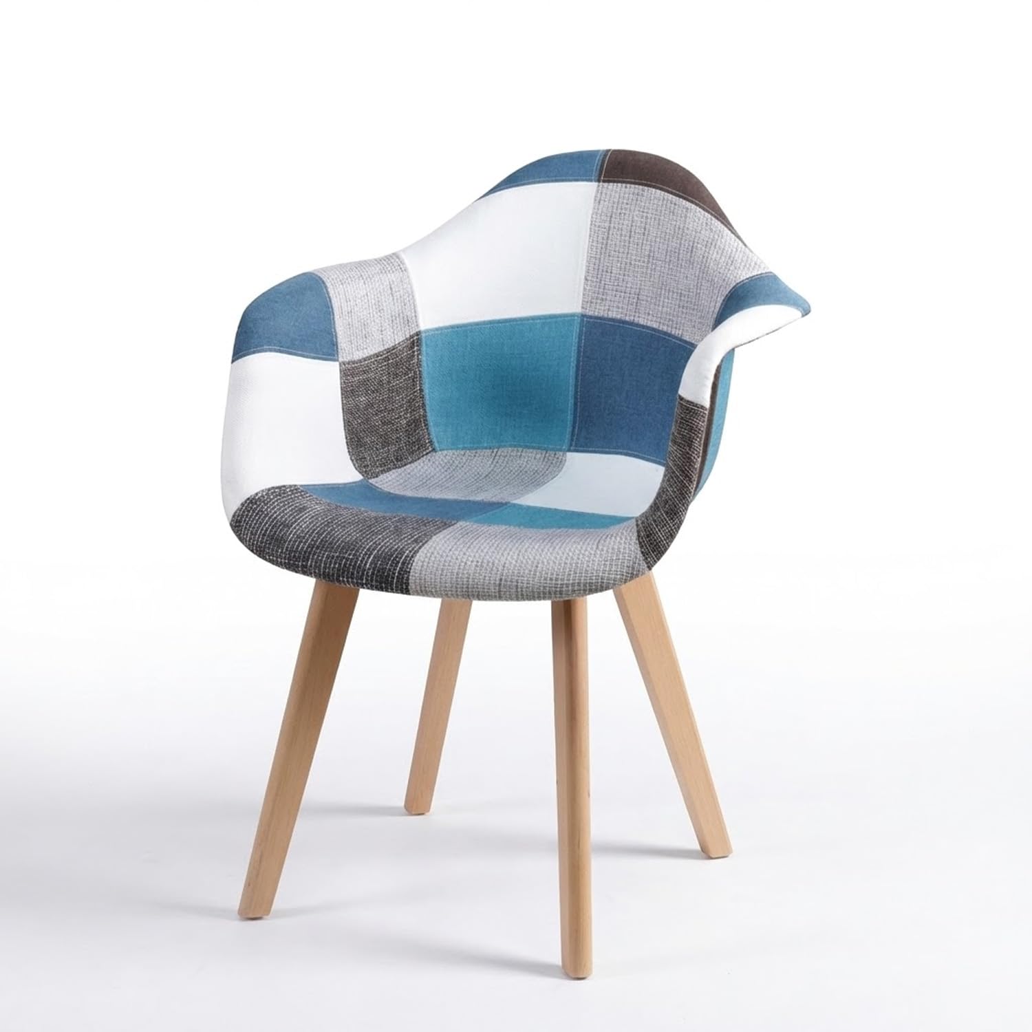 BUYBUY Poltroncina Serie Picasso in PP con Seduta in Spugna Ricoperta in Stoffa Stile Patchwork, Piedi in Faggio e Metallo, Colori Freddi