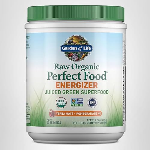 Garden of Life Raw Organic Perfect Food Energizer Juiced Green Superfood Powder - Yerba Mate Pomegranate, 30 Servings, Green Superfood Powder & Probiotics, Gluten Free Whole Food Greens Supplements