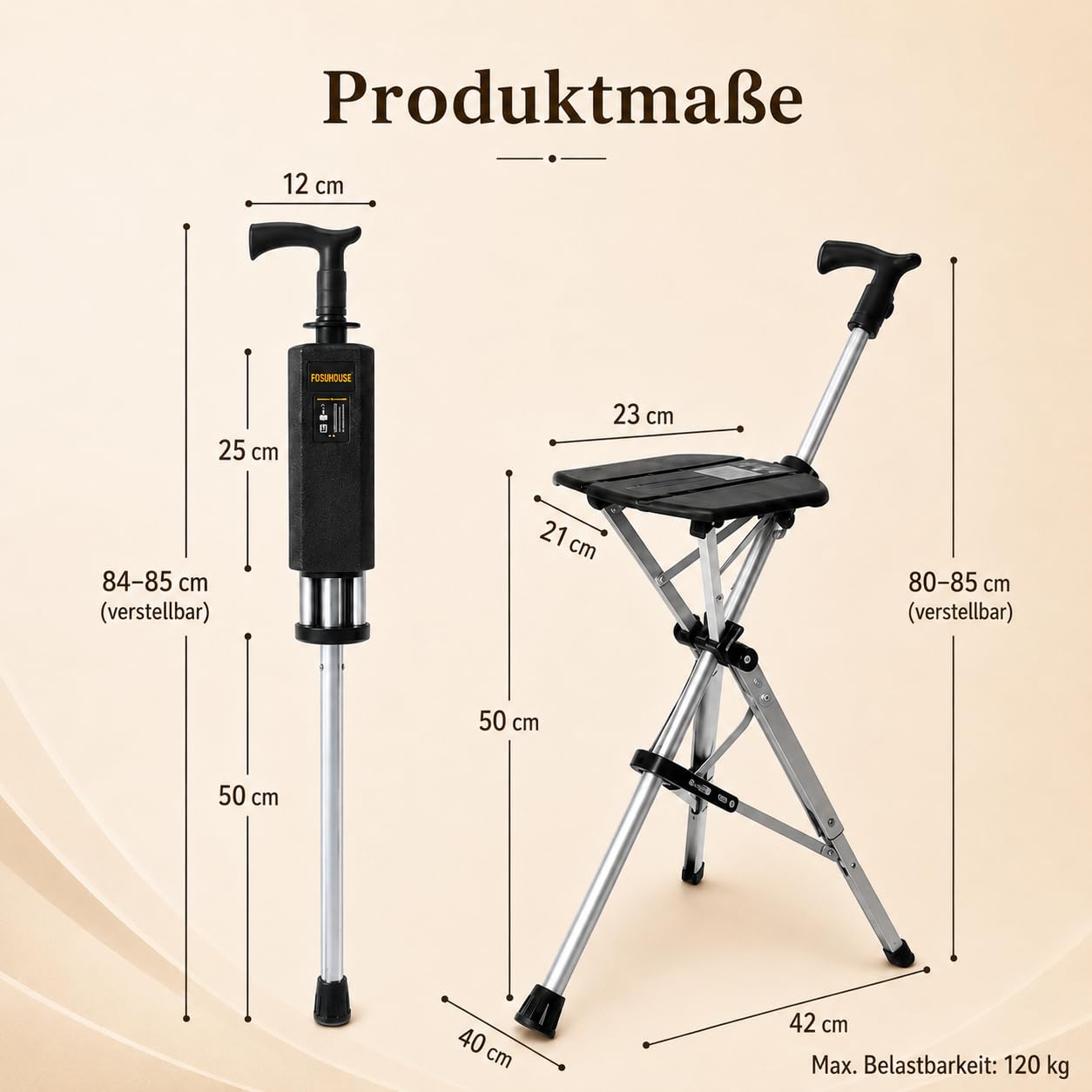 Gehstock mit Sitz, Leichter Aluminiumrahmen (bis 120 kg), 3 Füße | leichter Aluminiumrahmen & robuster Klapphocker, ideal für Wanderungen und Outdoor-Aktivitäten, Schwarz
