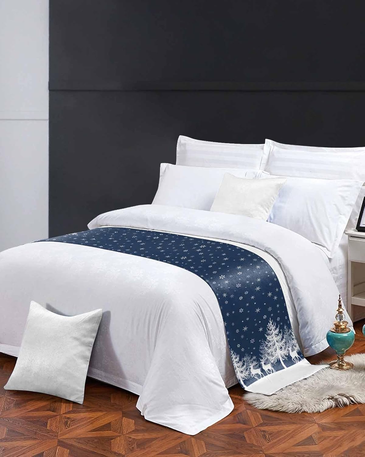 Christmas Elk Bed Runner Scarf Bedding Accessory For Queen Size Bed,Soft Bed Scarves And Runners Stainproof Dustproof Bedroom Protector For Hotel Wedding Room,Forest Winter Deer Xmas Tree Blue 94"x20"