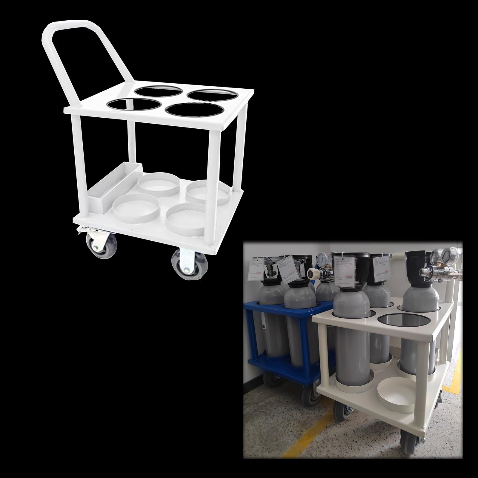 GLJTUO Oxygen Cylinder Rack 4-Wheel Oxygen Tank Cart Holder, 6.3" Diameter Oxygen Cylinder Trolley, Oxygen Cylinder Stand for 4/ 5L Tank, for Storage & Transportation,White-4 slots