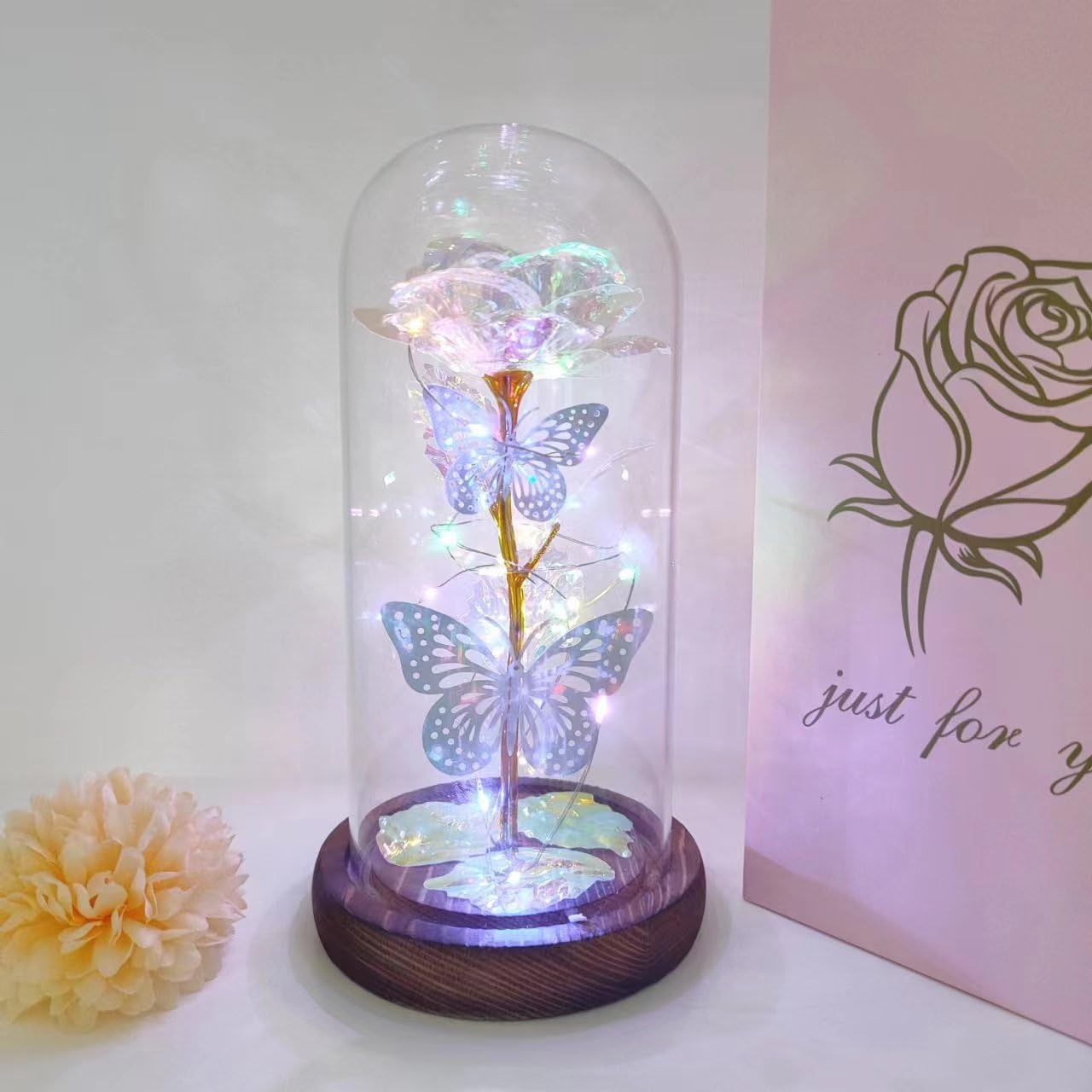 HFHungkeong for Her,Galaxy Forever Rose Gifts for Mom,Eternal Gold Foil Rose and 2 Butterflies in Glass Dome, Artificial Preserved Rose Birthday Gift for Mother(Colorful Gold)