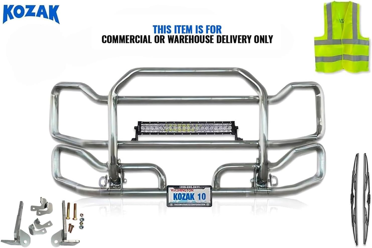 Full Front Bumper Grille Deer Brush Moose Guard Large Compatible with Kenworth T680 2012-2021 PLUS 22" LED Light Bar, License Plate Holder and Frame, Bracket, Logo, Wipers, Vest
