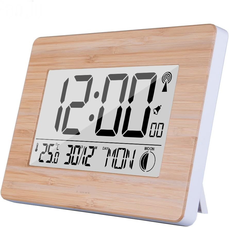 Aoki Large Digital Wall Clock UK Radio Controlled Atomic Clock LCD Auto Set Up Jumbo Display with Alarm Desktop Multi-function Time Calendar Temperature Moon Phase Day Month Date 230x160mm Bamboo Wood