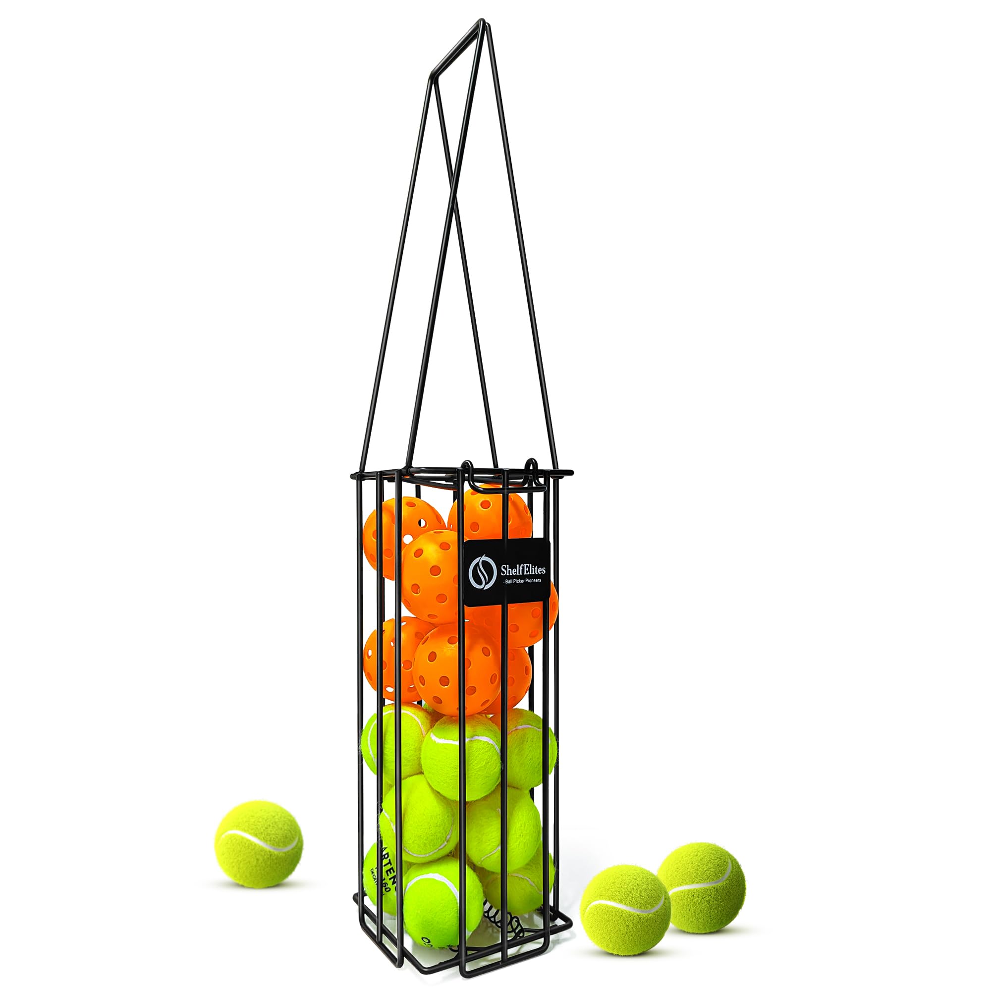 Pickleball&Tennis Ball Hoppers, Tennis Ball Hopper basket for Picking and Storage,, Sturdy Lightweight Structure Tennis Pick-up Can Accommodate 16 Pickleballs or 24 Tennis Balls(no assembly required)