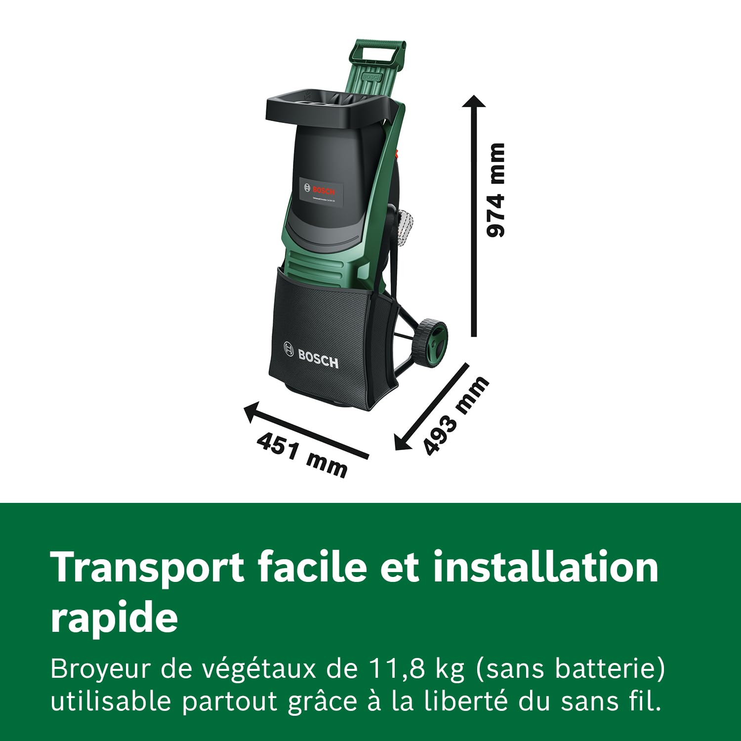 Bosch Broyeur sans fil UniversalShredder 2x18V-25 (lames réversibles, coupe des branches jusqu’à 25 mm, moteur Brushless, avec 2 batteries 18V 4.0Ah, 28 l Sac de collecte, chargeur)