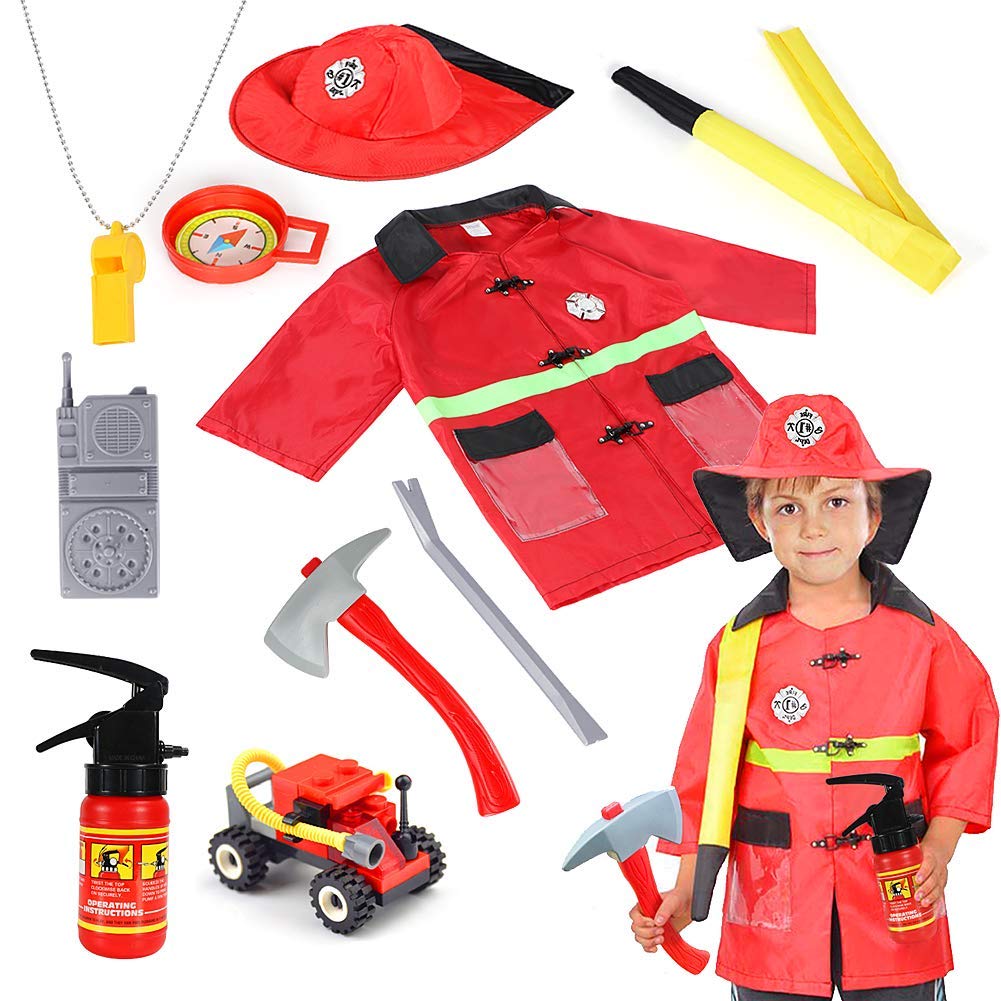 Fireman Costume Fire Chief Dress Up Pretend Role Play Kit Set with Rescue Tools Fire Fighter Outfit Fireman Toys Halloween Costume for Kids Boys Toddler Children