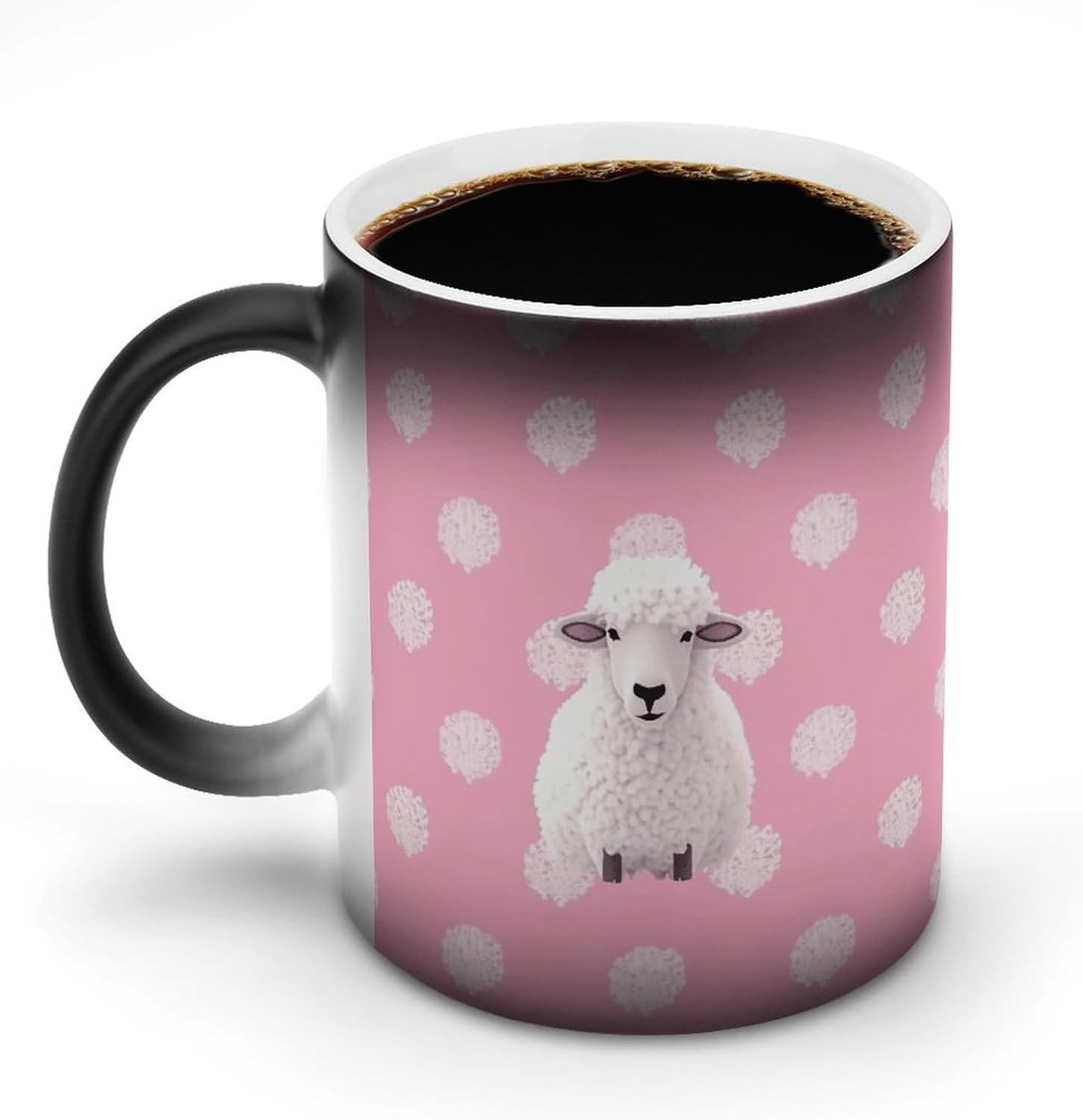 White Sheep on Pink Background Mug Personalized Ceramic Discoloration Coffee Mug Heat Sensitive Color Changing Cup Print Large Handle Design Daily Office And Home Use 12 OZ/350 ML
