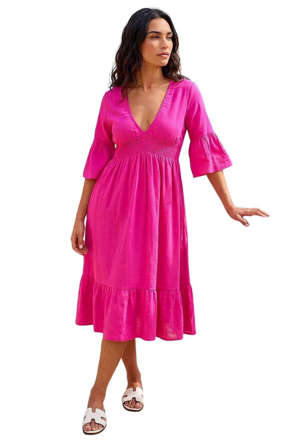 Roman Women's Fuchsia Linen Look Shirred Midi Dress In | Size: 16