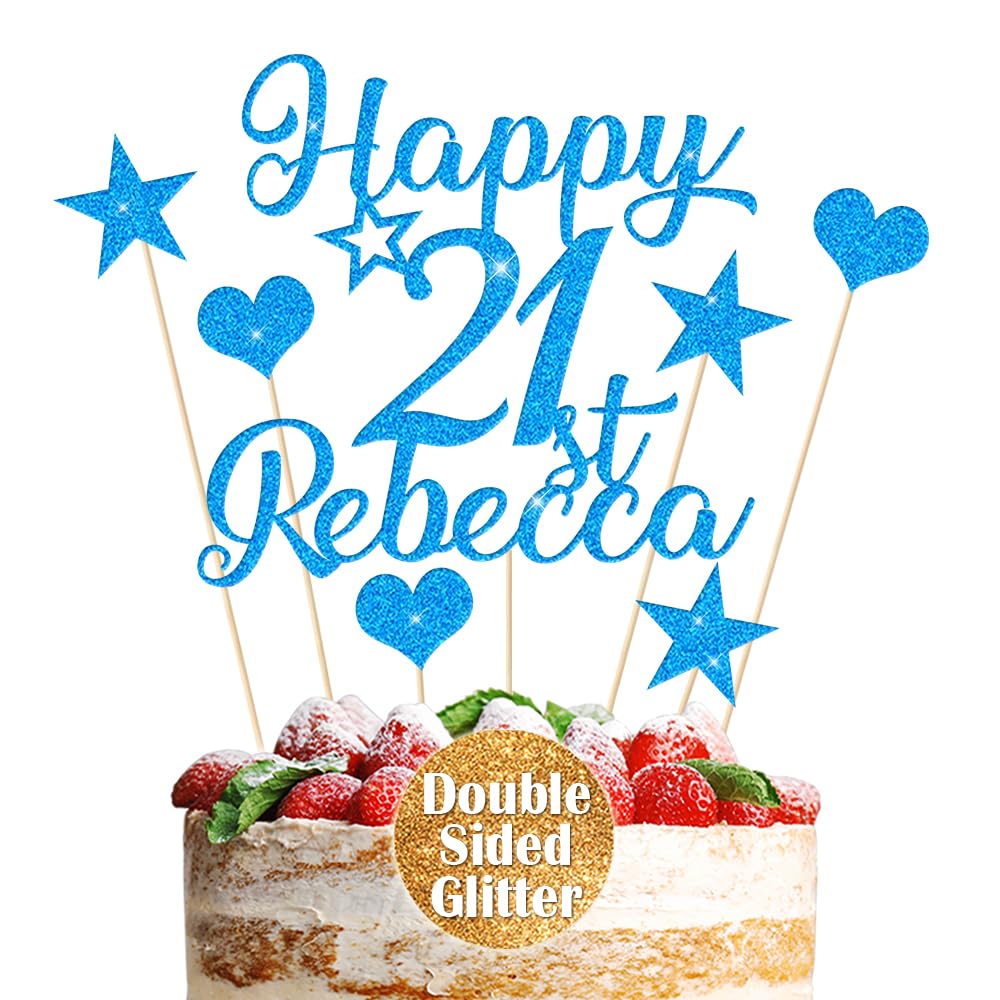 Personalised Cake Topper Custom Multicoloured Non-Shed Double Sided Glitter Cake Decoration Happy Birthday Cake Topper with Any Name Any Age 13th 21st 30th 50th (Blue)
