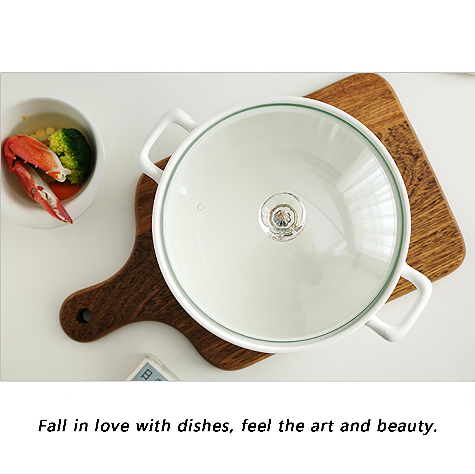 Soupière avec Couvercle en Verre et Cuillère, Bol à Soupe en Porcelaine pour Service de Table de Cuisine,Blanc,L