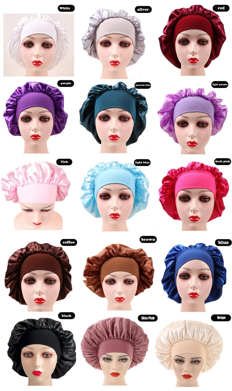 20Pcs Custom Silk Bonnets for Sleeping Satin Shower Cap for Curly Natural Hair,Elastic Wide Band Beanies for Black Women Hair Care (Beige, Medium)