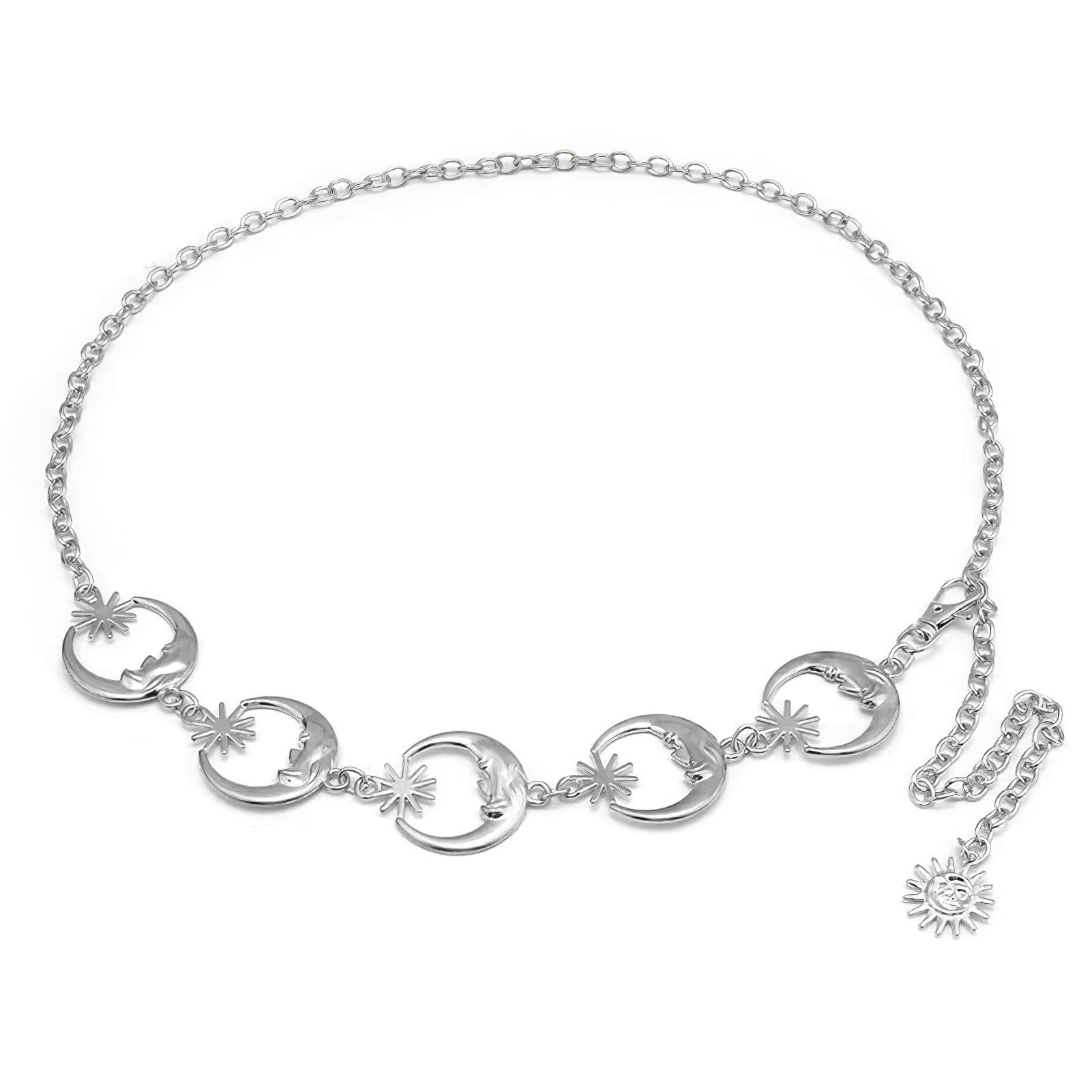 Waist Chain Belt Belly Chain Silver Belt for Women, Moon Star Body Chain Belts for Women Fashion Chain Belt Adjustable Womens Belts Boho Belt Decorative Chain Belt Body Jewelry for Women Girls