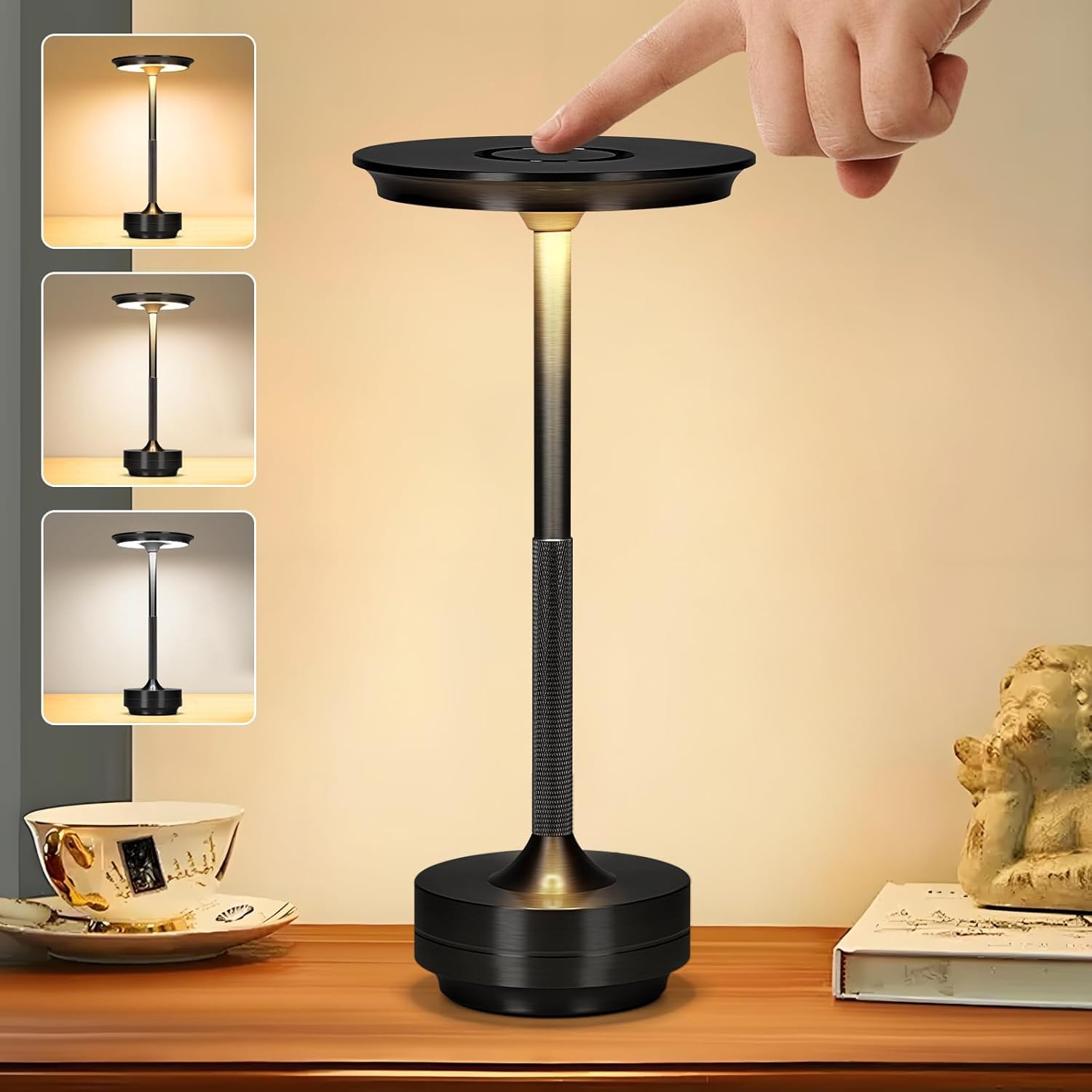 LED Cordless Table Lamp, 22cm Touch Control, 3 Colour Stepless Dimming, Rechargeable Battery Powered, Brushed Metal Modern Design (Black)