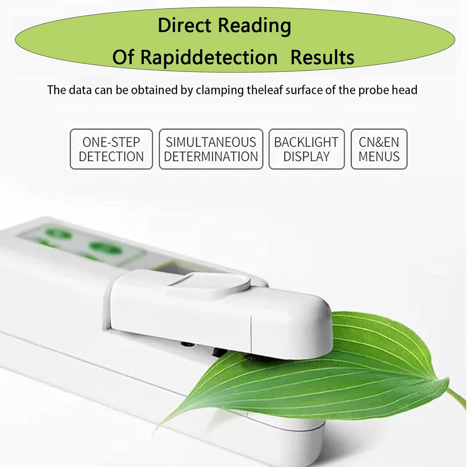 Labeled diagram of the Portable Chlorophyll Meter showing its test port, power switch, display screen, function keys, and USB interface