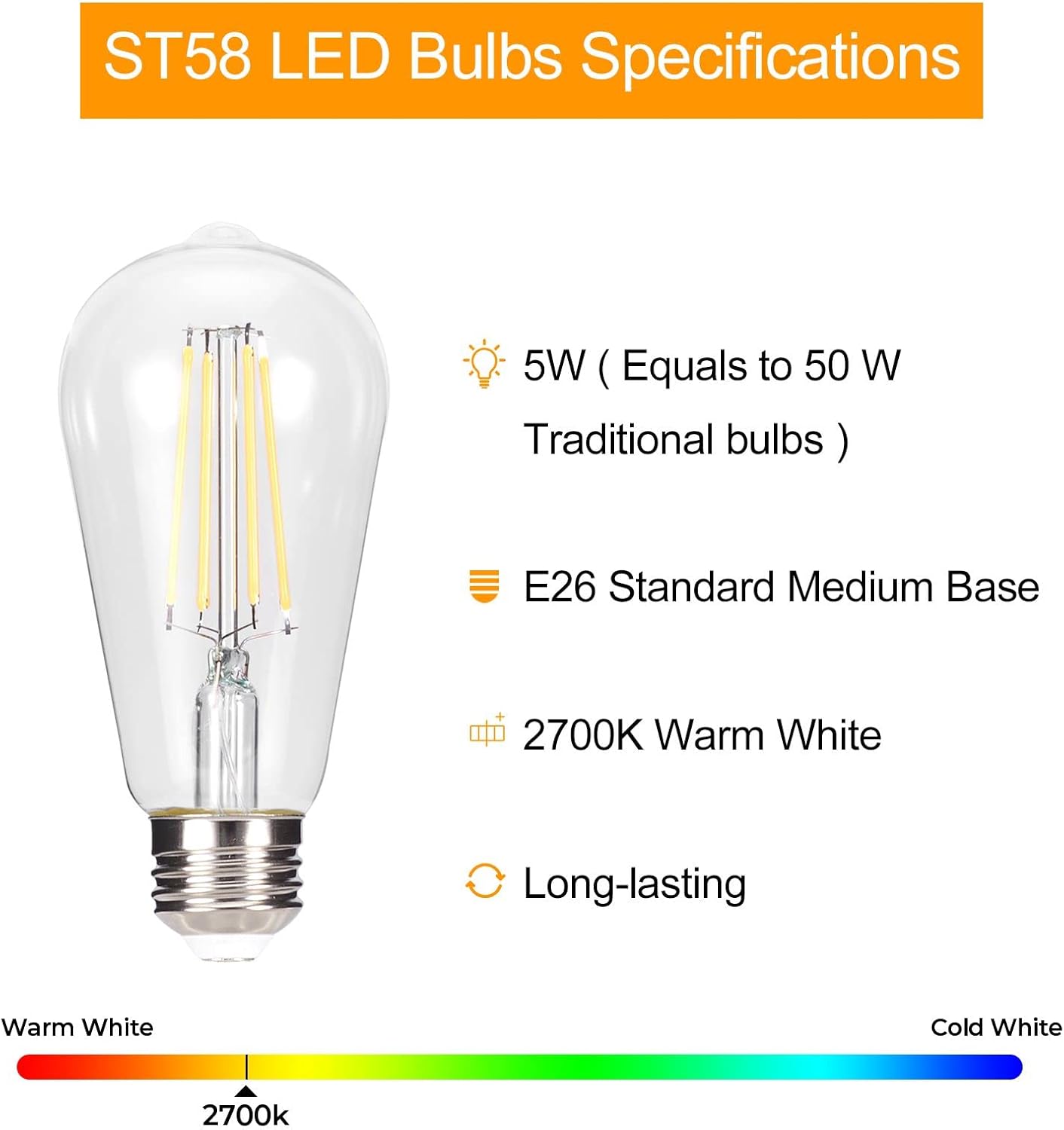 Soft White LED Vintage Filament Bulbs, Pack of 6
