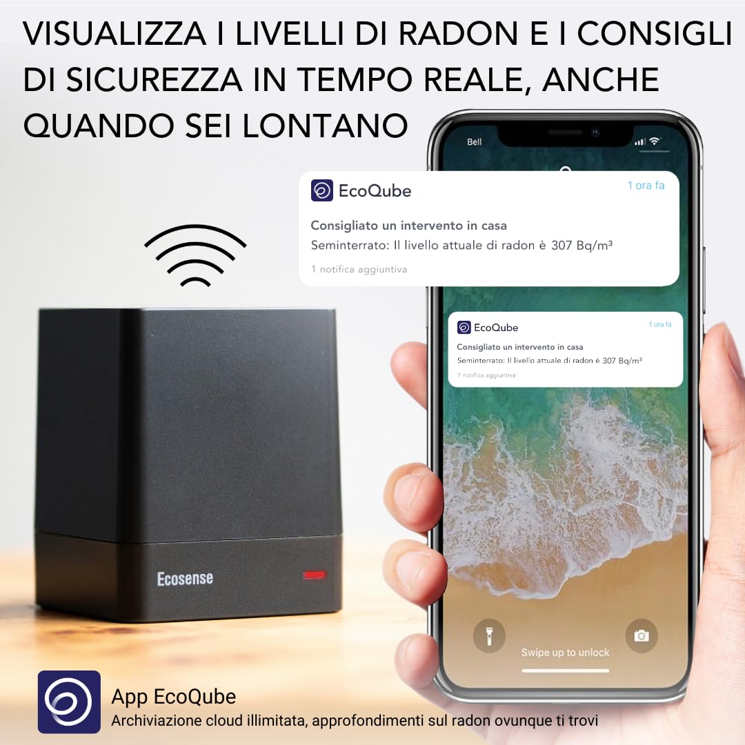 Ecosense EcoQube, Rilevatore Digitale di Radon, Rilevamento Rapido delle Variazioni, Monitoraggio Continuo Termine con Grafici di Tendenza, Accesso Remoto ai Dati, Wi-Fi 2,4 GHz Solo Reti.