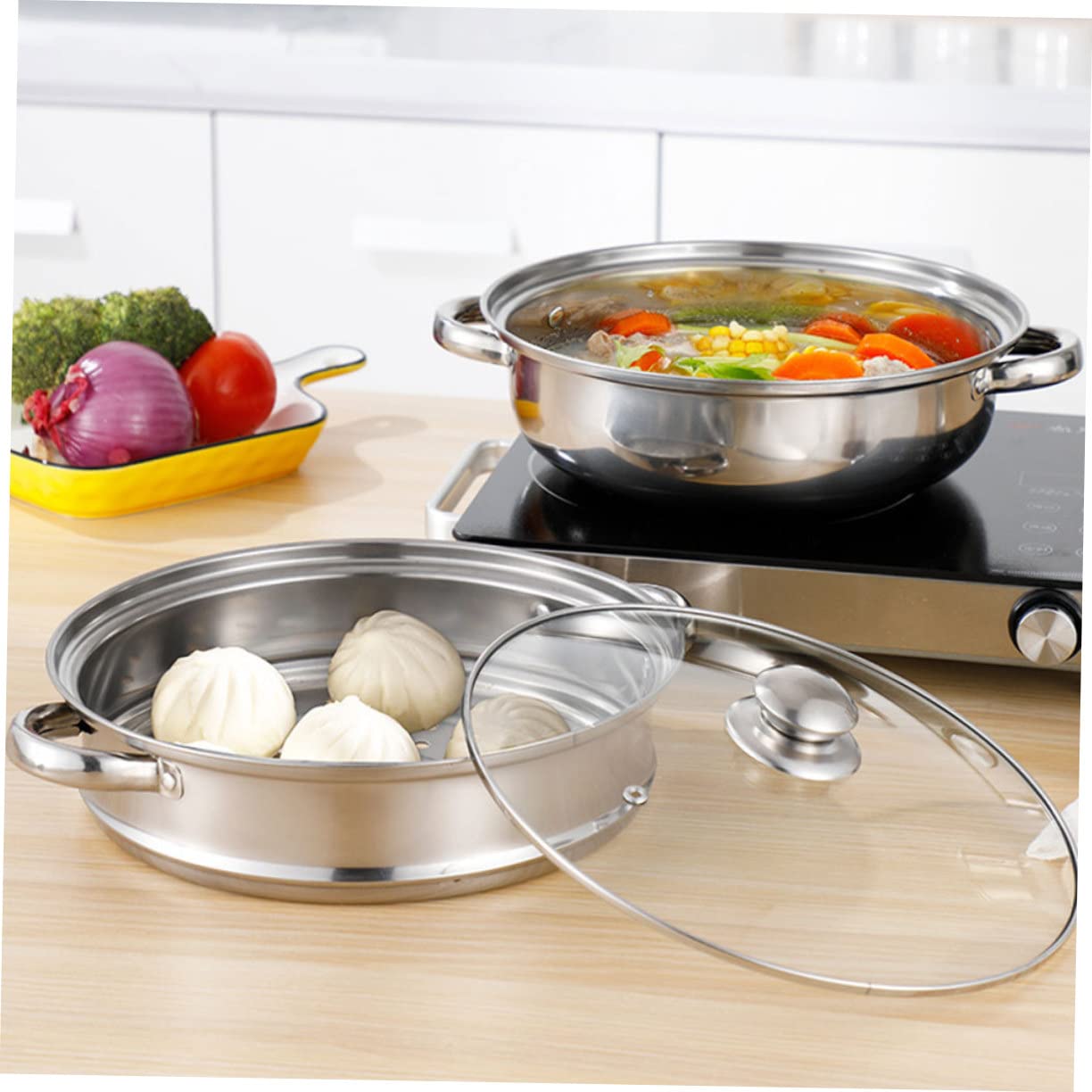 Vaporera de Cocina de Acero Inoxidable 28cm de 3 Niveles para Cocinar