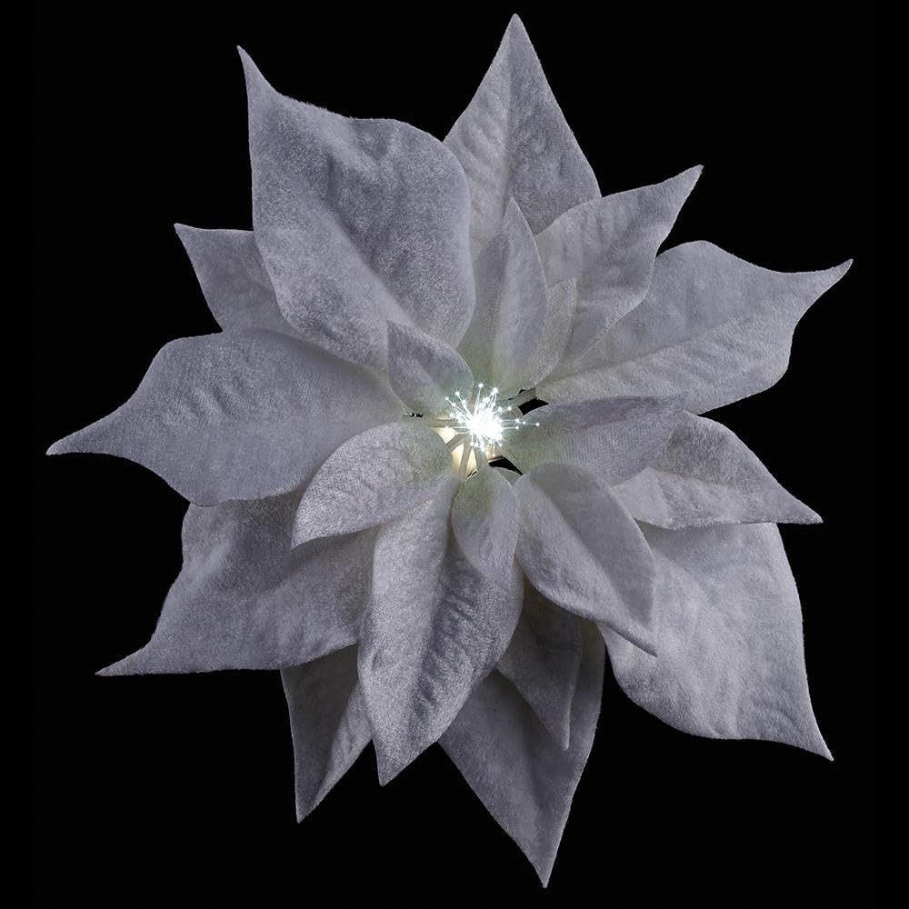 9" Velvet Poinsettia Battery Operated Fiber Optic Light Artificial Clip-On Flower -White (Pack of 12)