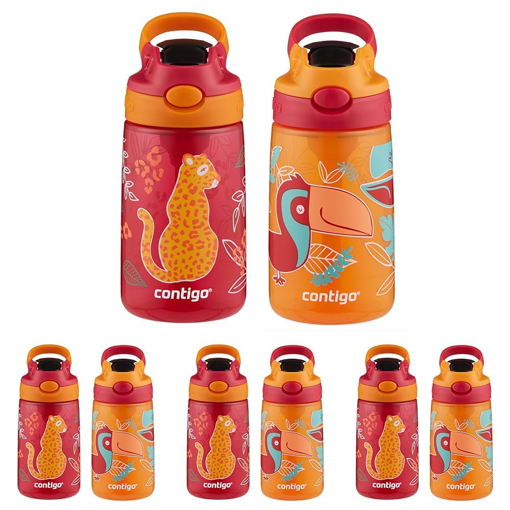 Contigo Aubrey Kids Water Bottle with Silicone Straw and Spill-Proof Lid,14 oz,Cheetahs &amp; Toucans,(Pack of 8)