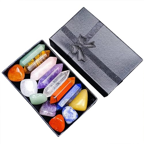 Kit de cristales curativos, varitas curativas de cristales de chakra, juego de 7 piedras rodadas, columnas hexagonales de cristal curativo, varitas
