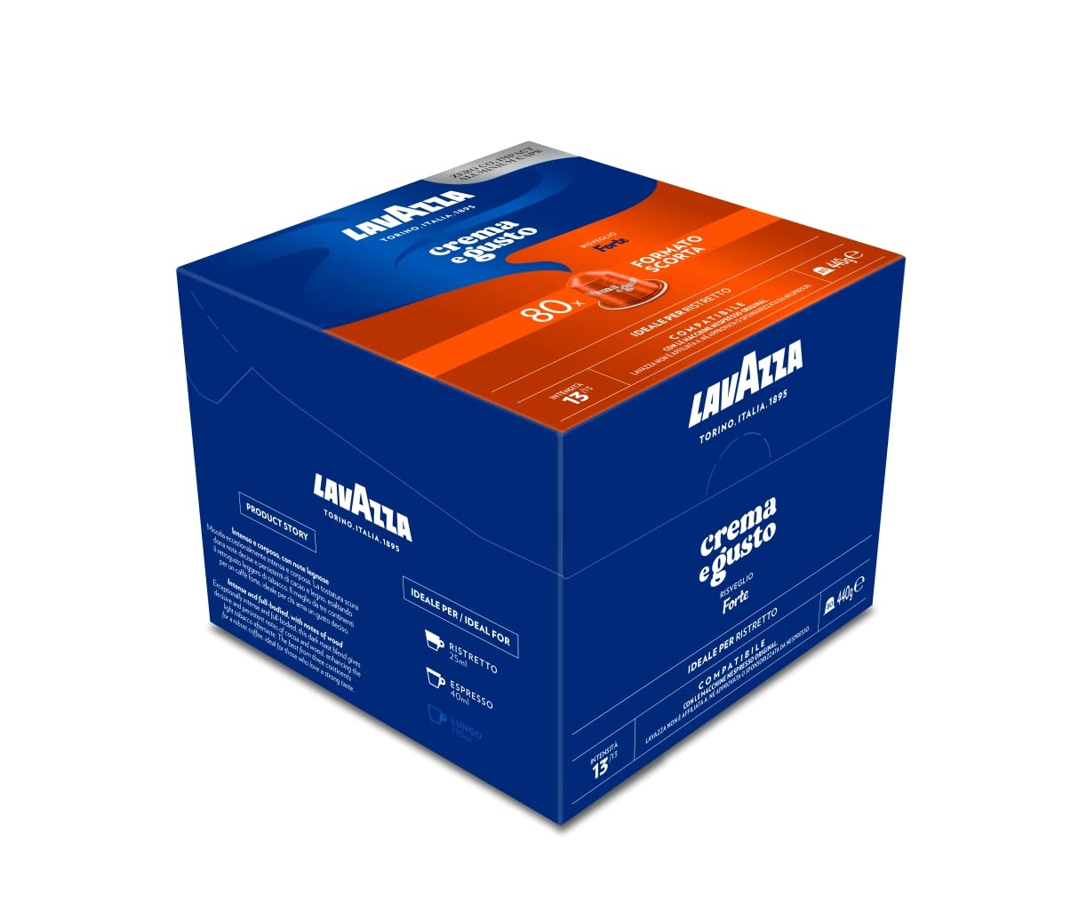 Lavazza Crema e Gusto Forte, 80 cápsulas de aluminio compatibles con máquinas originales Nespresso*, con notas de cacao y madera, arábica y robusta, intensidad 13/13, tostado oscuro