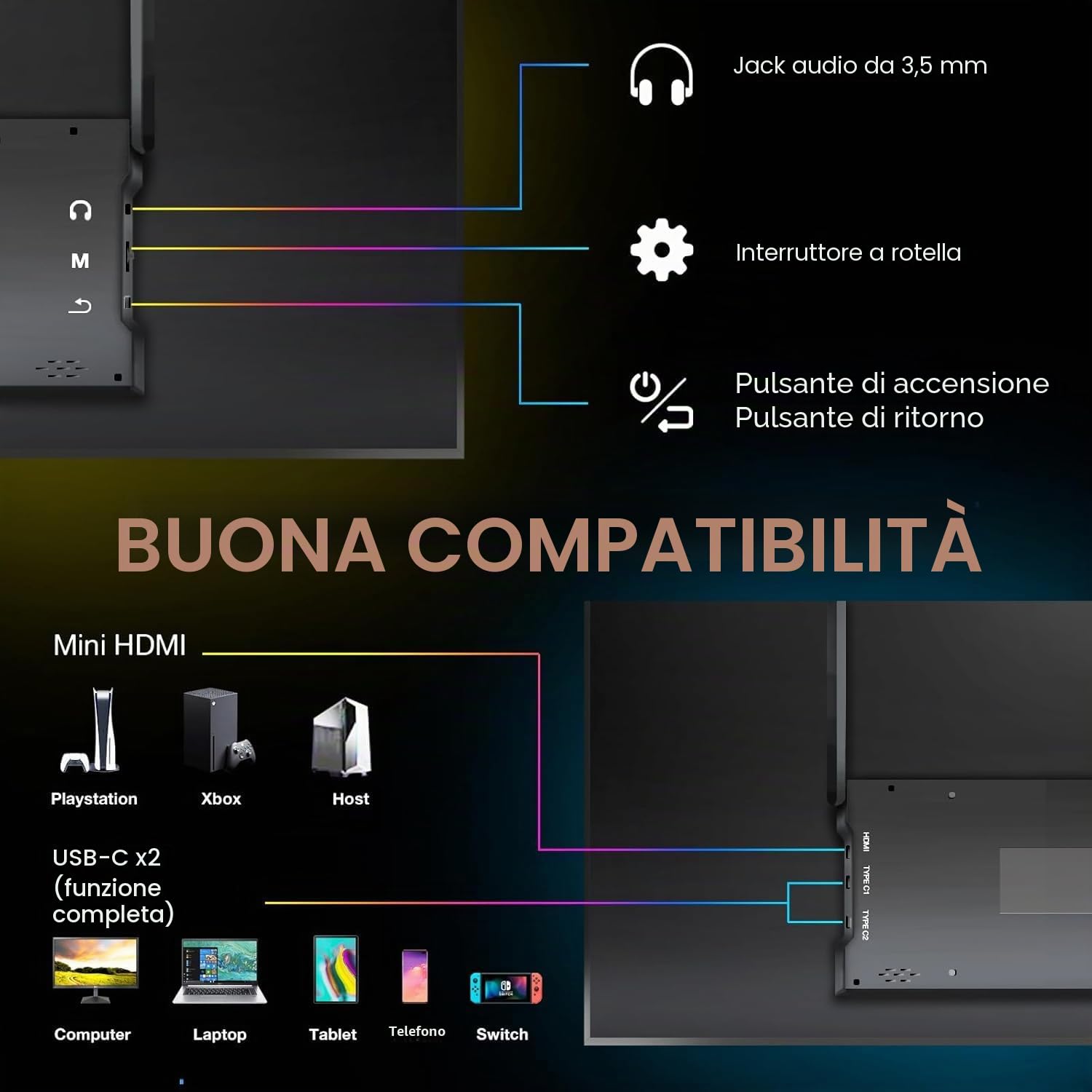 Monitor portatile, monitor mobile da 15,6 pollici, monitor portatile FHD 1080P con altoparlante, monitor PC portatile, estensione schermo per laptop, secondo schermo USB-C per laptop, Gaming Switch