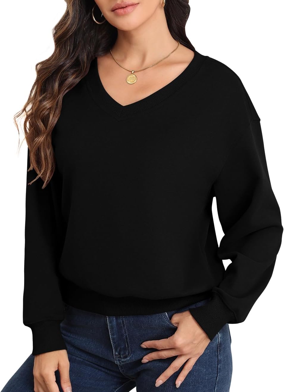 Smile Fish Women V Neck Long Sleeve Sweatshirt Casual Relaxed Cropped Pullover Fleece Lined Warm Tops