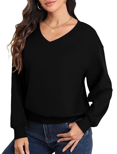Smile Fish Women V Neck Long Sleeve Sweatshirt Casual Relaxed