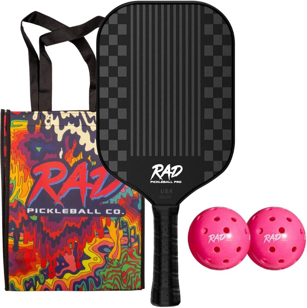 RAD Pro Pickleball Paddle Set – USAPA Approved – T700 Carbon Fiber Surface & 16mm Full-Cell Polypropylene Honeycomb Core for Power & Control – Includes Outdoor Pickleballs & Tote Bag