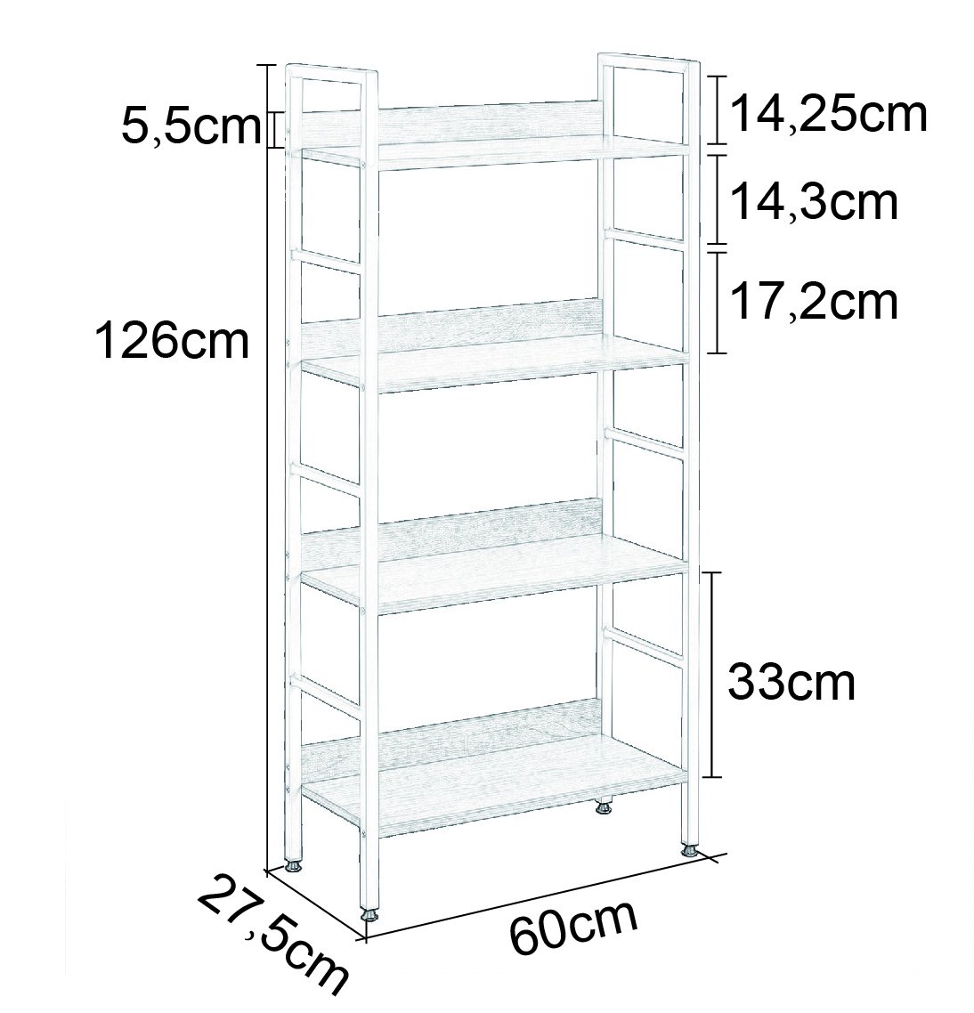 WOLTU Standregal mit 4 Ablagen Bücherregal Küchenregal Badregal aus Holz und Metal, Regale für den Abstellraum 60 x 27,5 x 126 cm Weiß + Hell Eiche RGB9304hei