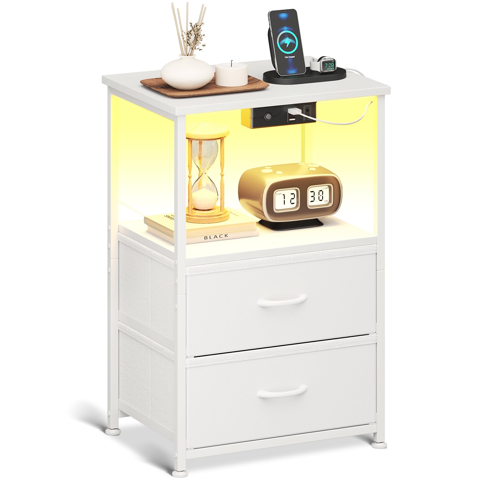 Coleshome Mesitas de Noche, con Enchufe, 2 Puertos USB y Tira de Luces LED, Mesita de Noche con 2 Cajones de Tela y 1 Espacio de Almacenamiento, 40 x 30 x 60 cm, 1 Paquete