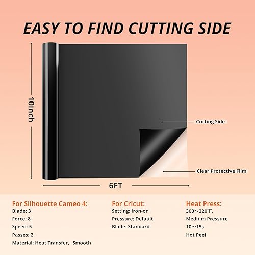 Miniatura 6 de HTVRONT Rollo de vinilo HTV negro, 10 pulgadas x 6 pies, transferencia de calor 3D para camisetas, Cricut y Cameo, fácil de cortar, desmalezar y