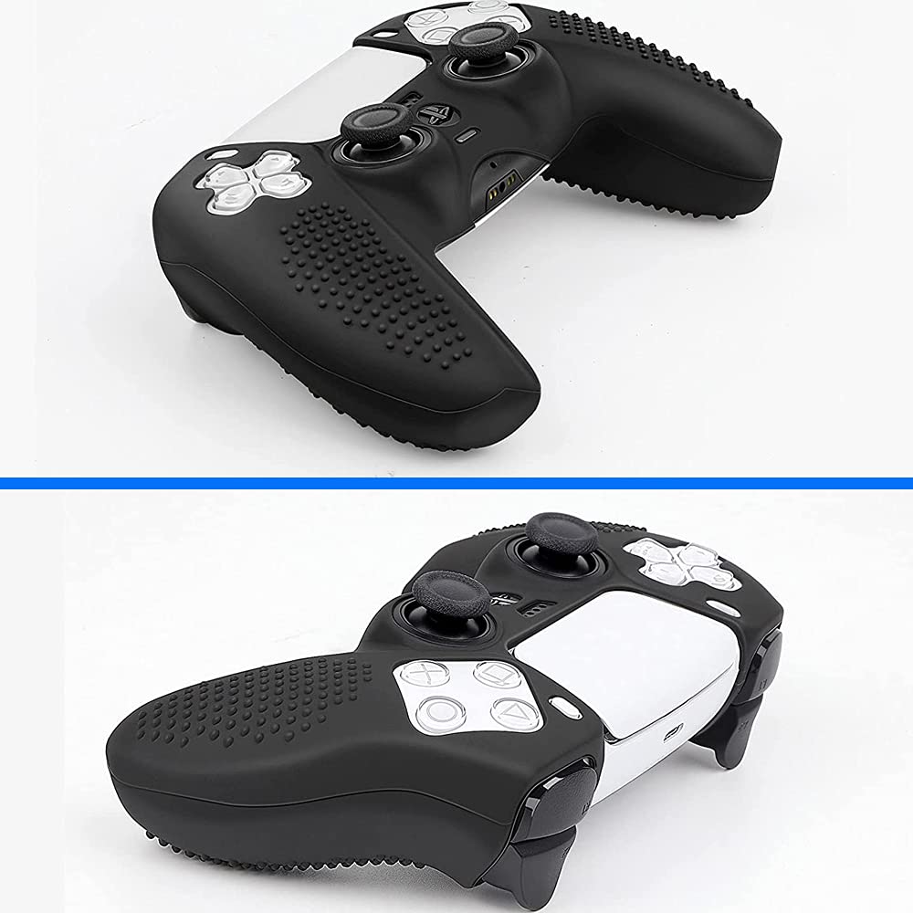 MMOBIEL Cubierta de Piel Antideslizante de Caucho de Silicona con 5 agarres de Pulgar de Diferentes tamaños Compatible con el Controlador DualSense para PS5 - Negro