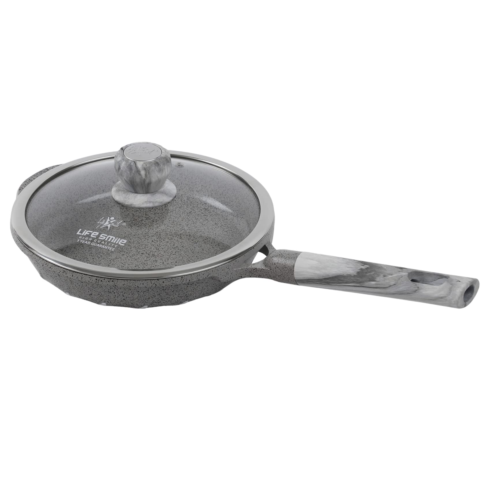 LIFE SMILE Frying Pan With Lid - 5 Layer Granite Coating Fry Pan | Multiple Hob Compatibility | Heat-Resistant Handle Hanging Loop | Induction bottom (26 CM, Dark Grey)