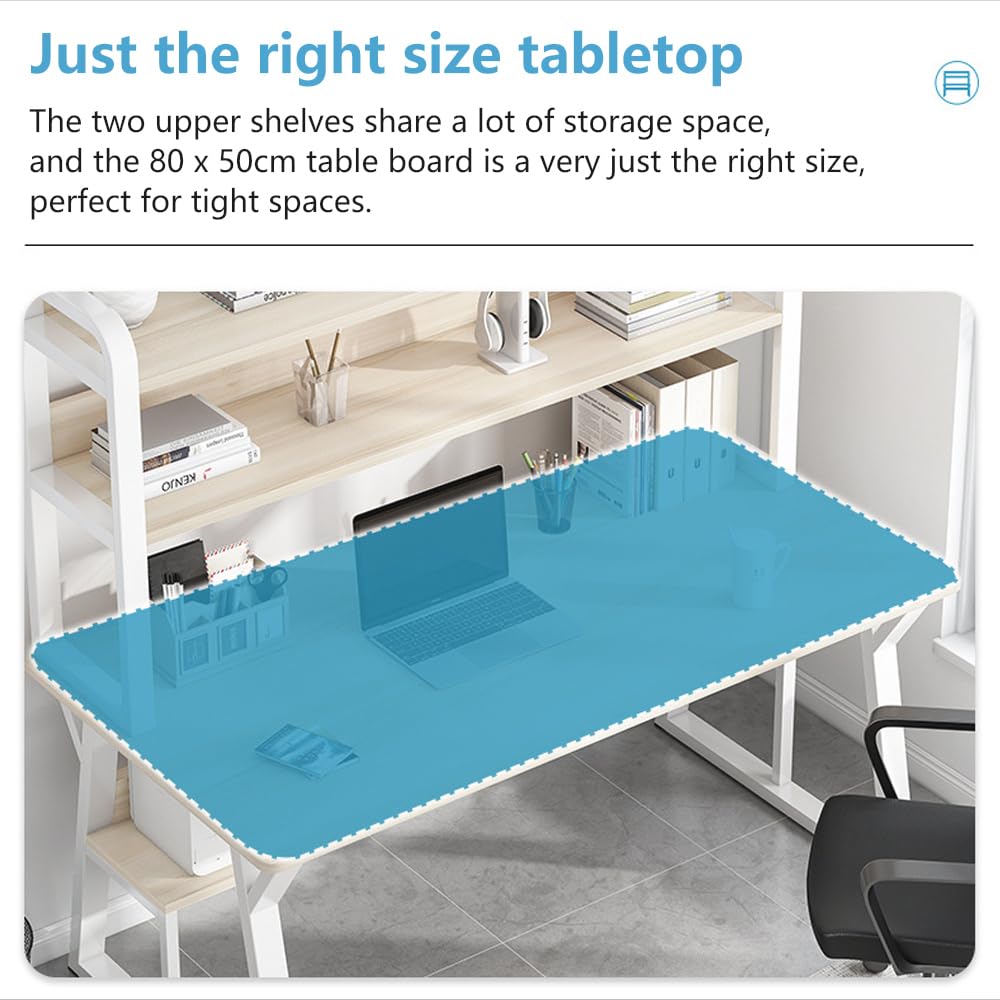 80 x 50 cm, Scrivania per Computer a 4 Livelli, con Vano Portaoggetti, con Libreria, Tavolo per Ufficio, Studio, Camera da Letto, Bianco e Beige Chiaro