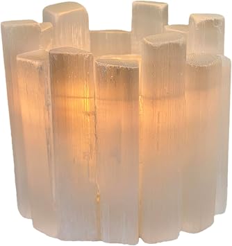 Selenite Candle Holder - Healing Crystal Tealight Holder for Meditation Tranquility & Energy Balance - Irregular Cylindrical Selenite Lamp Crystal for Healing Stone